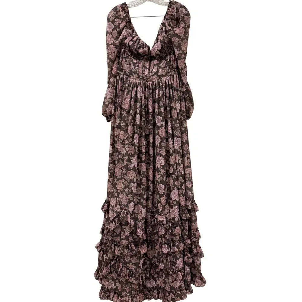 Anthropologie X V. Chapman Carmella Corset Side-Slit Chiffon Maxi Dress Size 12 - Picture 5 of 11